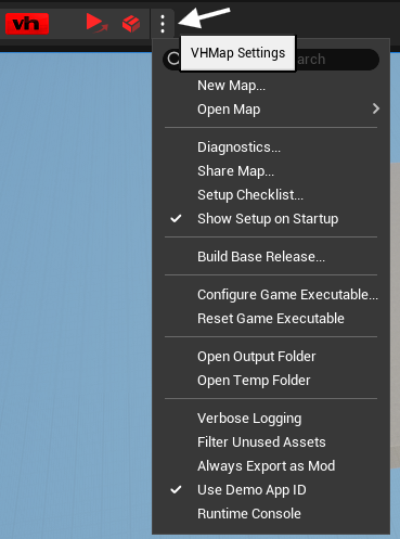 VHMap menu showing all available options