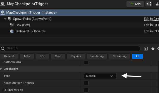 Checkpoint actor settings showing the Type dropdown