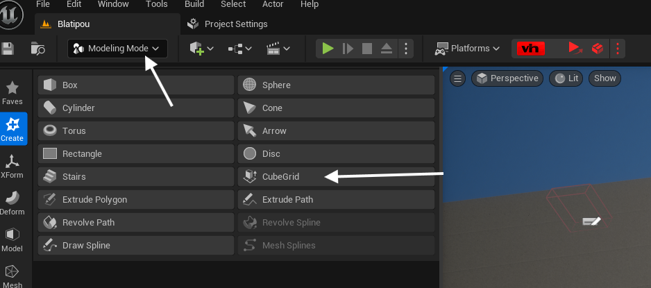 Selecting CubeGrid in Modeling Mode