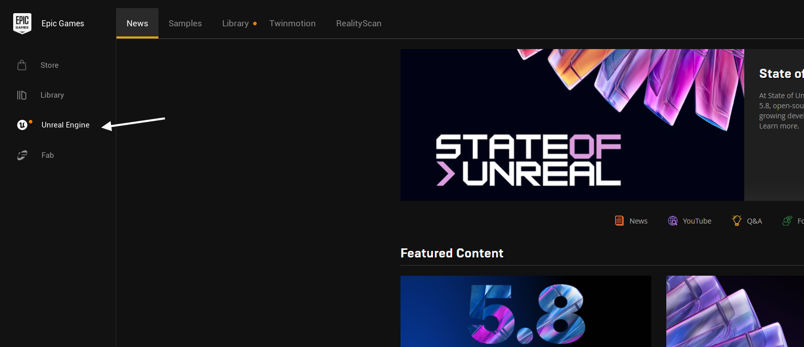 Unreal Engine in the Epic Games Launcher sidebar