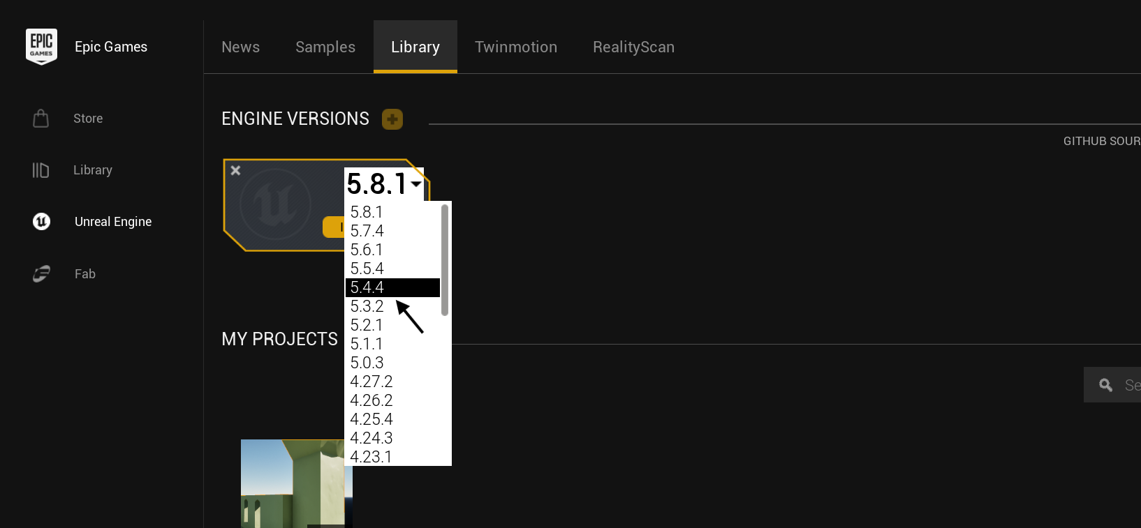 Selecting 5.4.4 from the version dropdown