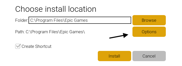 The Choose install location window with the Options button