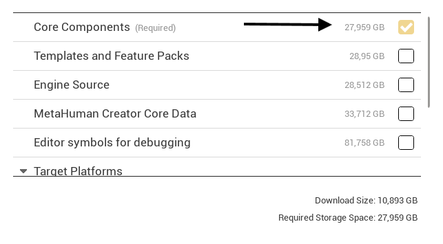 The component list with only Core Components ticked