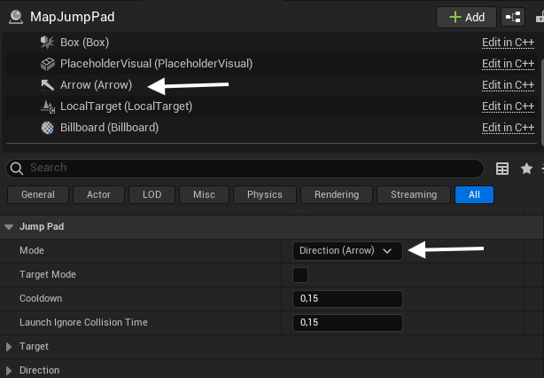 Jump Pad actor settings showing Mode, Cooldown and Direction
