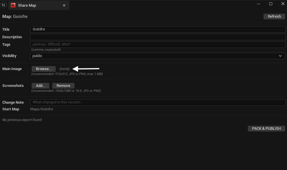Share Map window with title, description, image and visibility fields