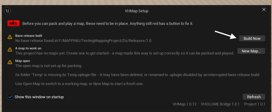 VHMap setup window showing the Build Now button