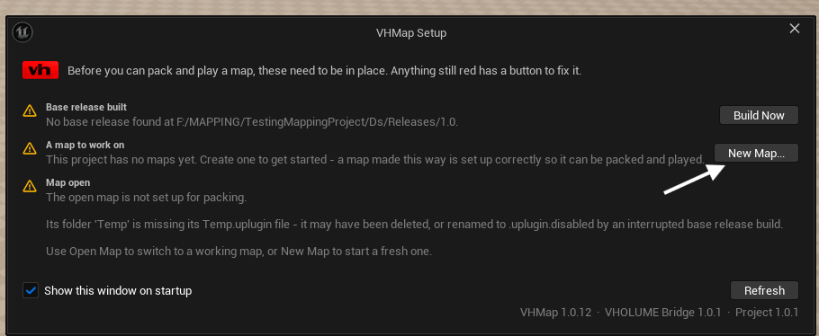 VHMap setup window showing the New Map button