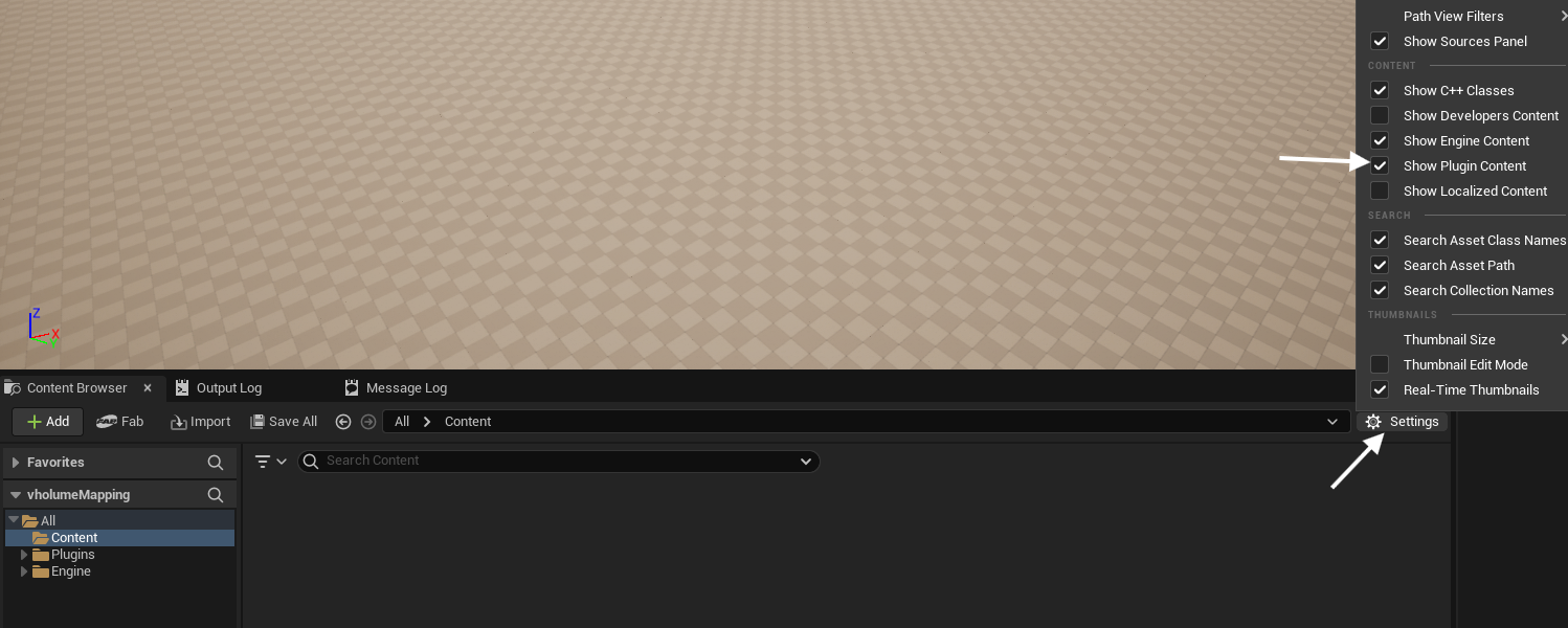 Content Browser settings with Show Plugin Content enabled