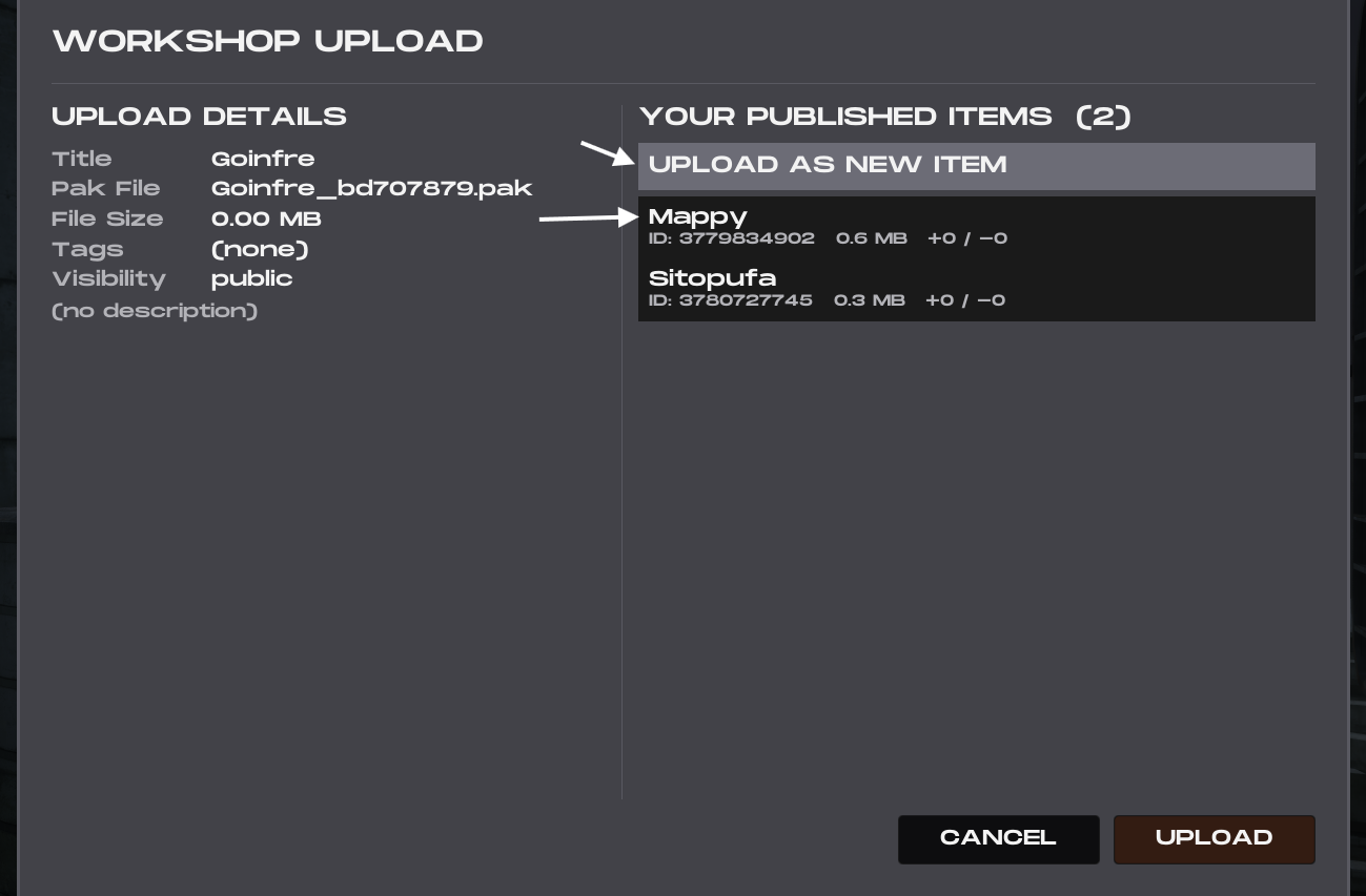 In-game Workshop upload dialog showing New Item and Update options