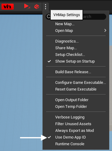 VHMap menu with Use Demo App ID enabled