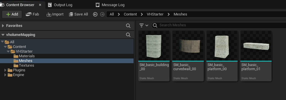The VHStarter meshes in the Content Browser