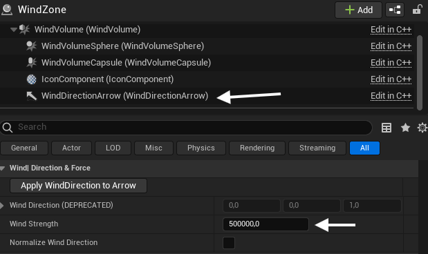 Wind Zone actor settings showing Wind Direction & Force